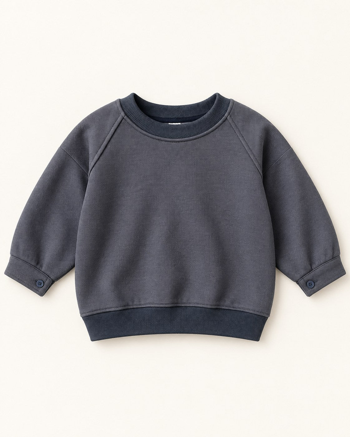 Charcoal raglan sleeve kids sweatshirt front flat lay showing cuff buttons