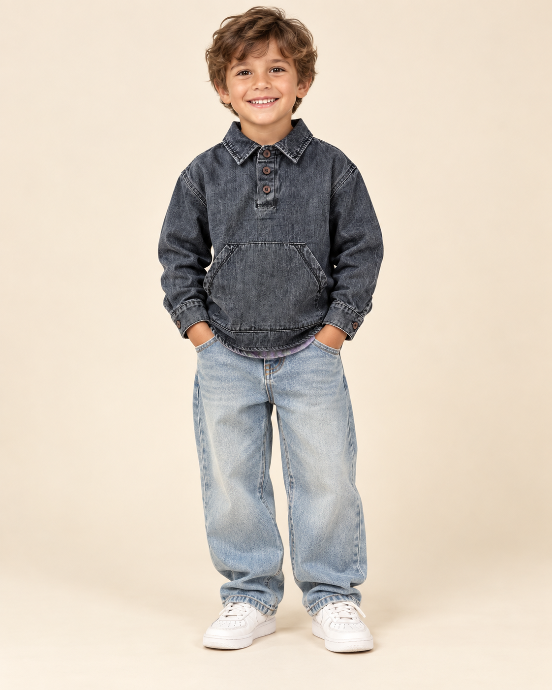 Boy wearing washed charcoal denim pullover shirt with light-wash loose jeans