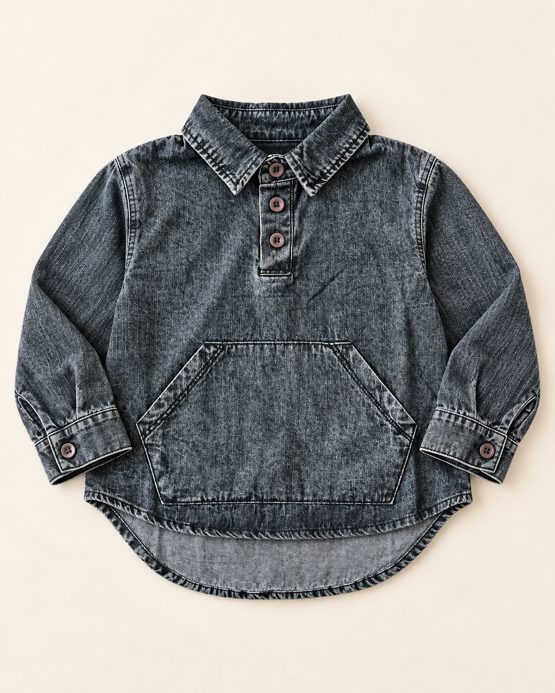 Washed charcoal denim pullover shirt flat lay