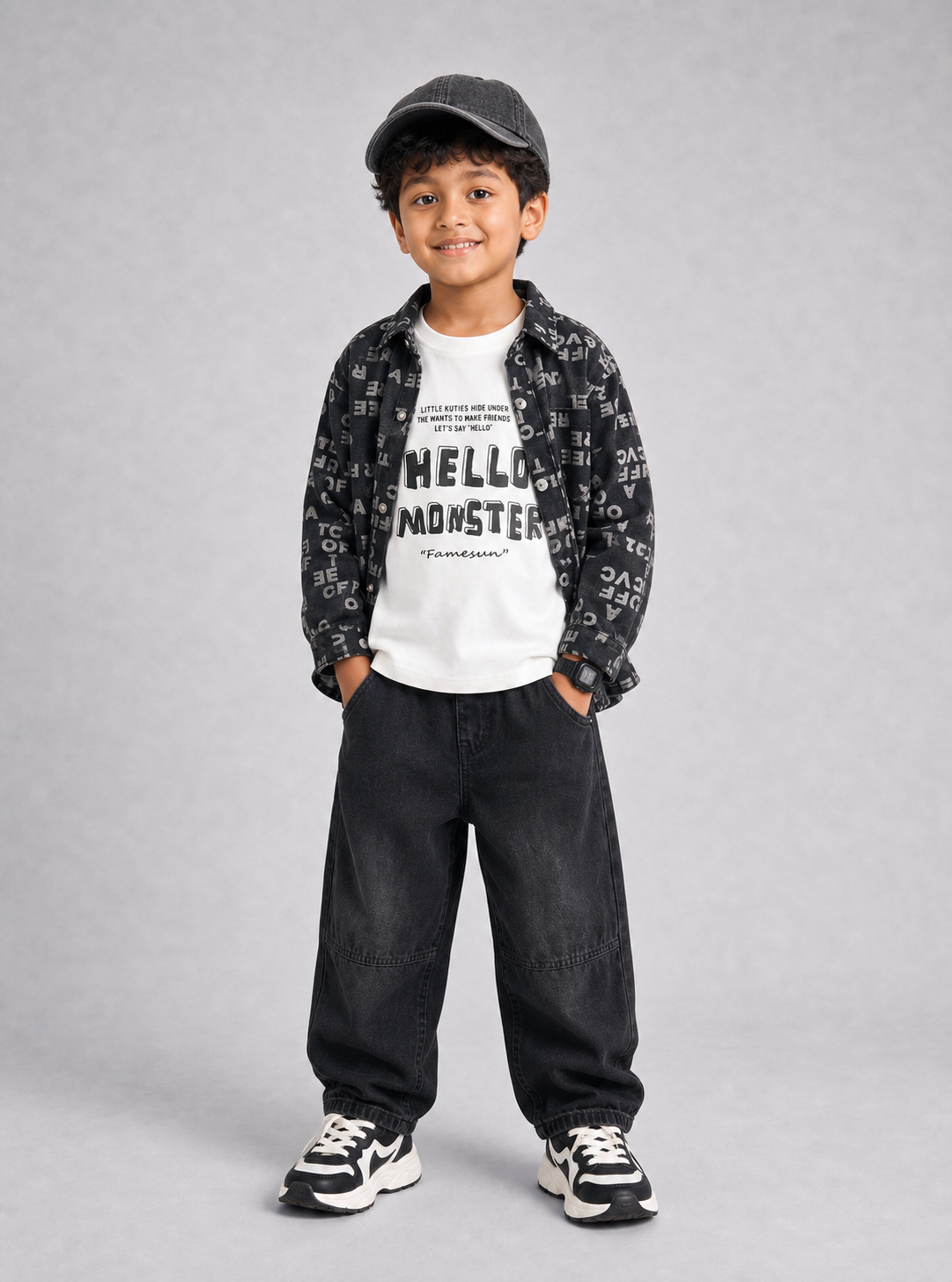Boy wearing black denim letter-print three-piece outfit