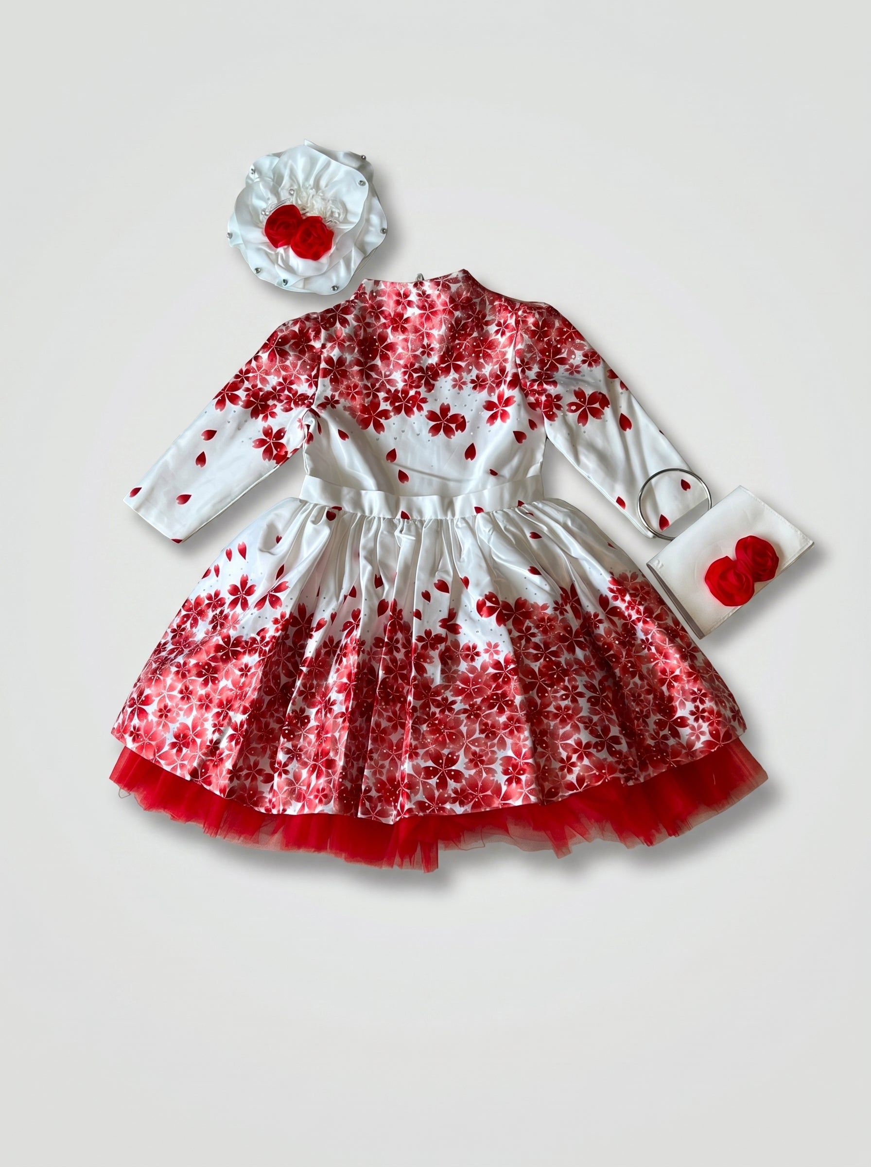 White and Red Cherry Blossom Satin Ball Gown | Frock
