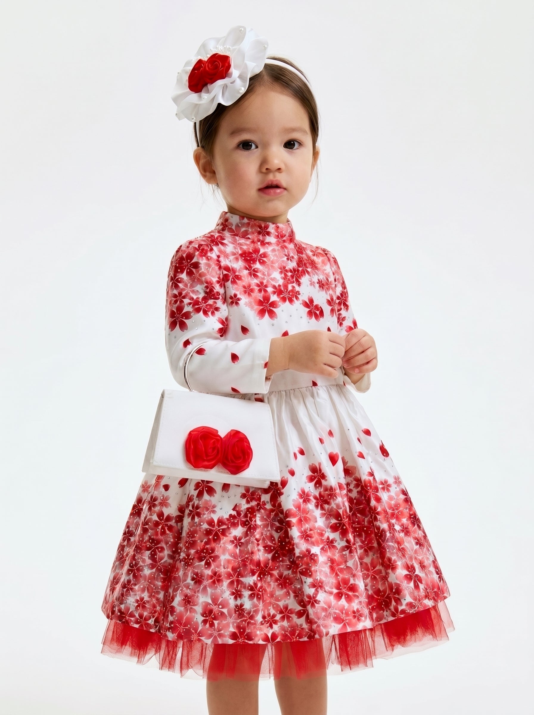White and Red Cherry Blossom Satin Ball Gown | Frock