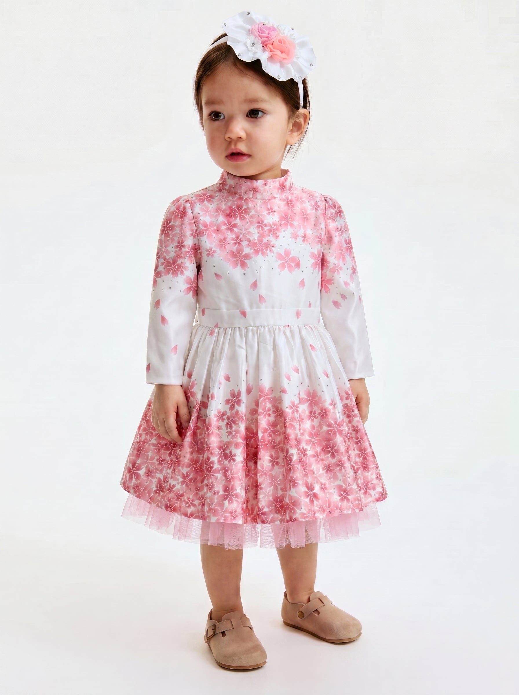 White and Pink Cherry Blossom Satin Ball Gown | Girls Party Dress