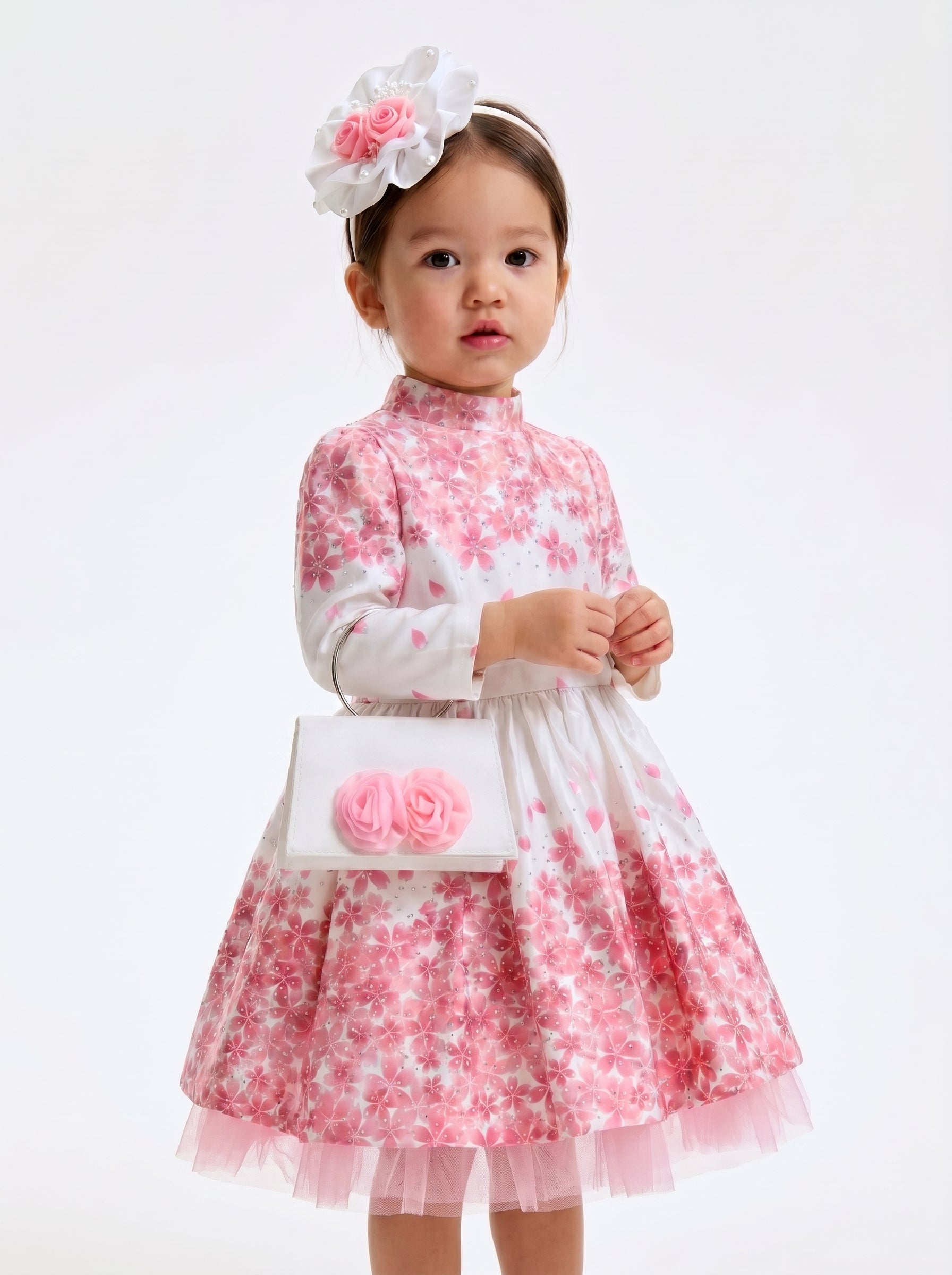 White and Pink Cherry Blossom Satin Ball Gown | Girls Party Dress