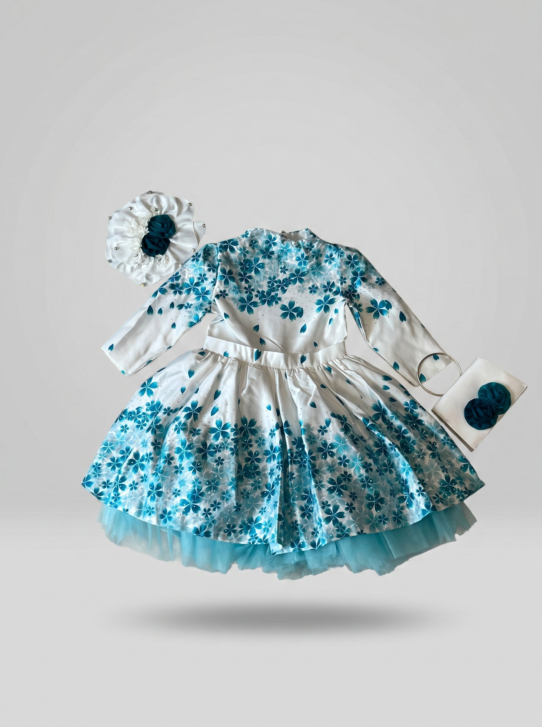 White and Teal Cherry Blossom Satin Ball Gown | Girls Formal Dress