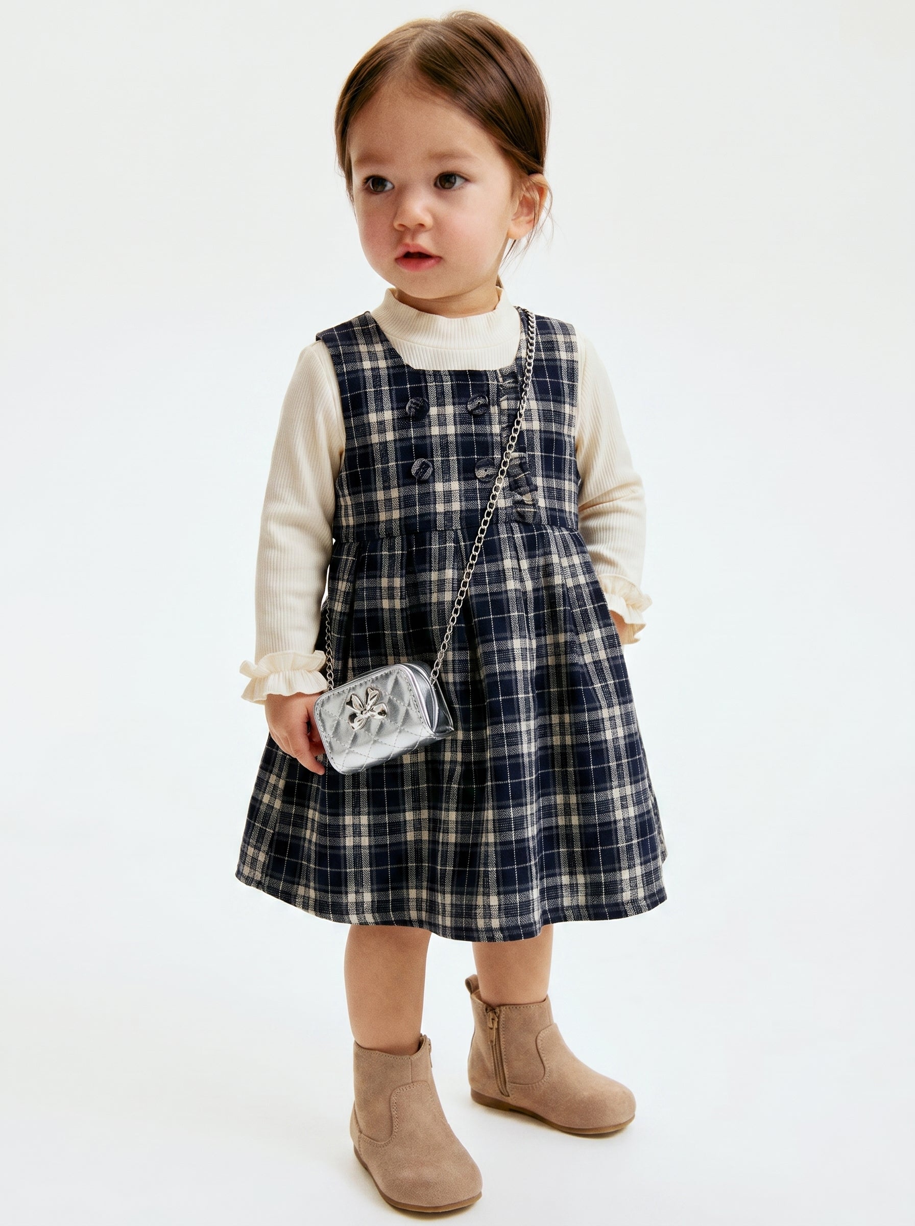 Navy Tartan Pinafore and Turtleneck and Chain Bag 3-Piece Girls Set | Ages 1-6