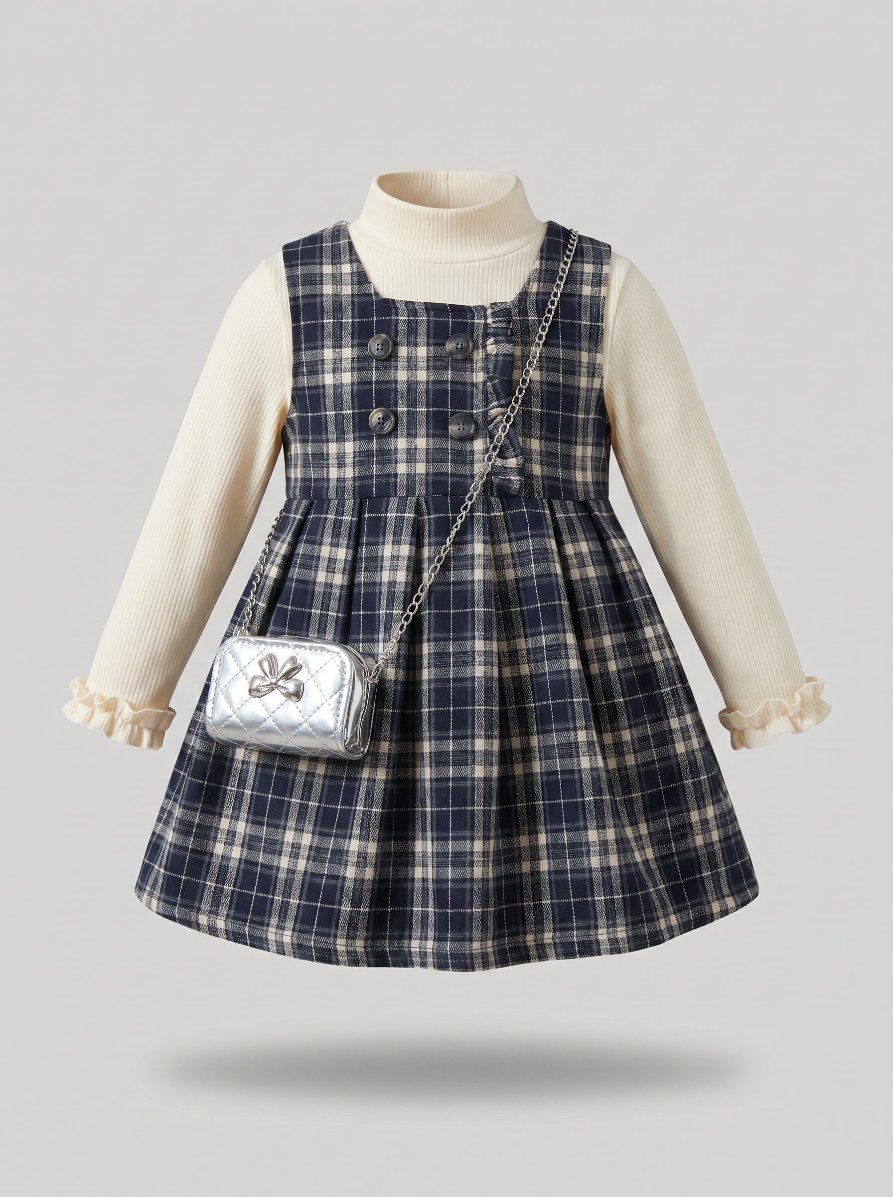 Navy Tartan Pinafore and Turtleneck and Chain Bag 3-Piece Girls Set | Ages 1-6