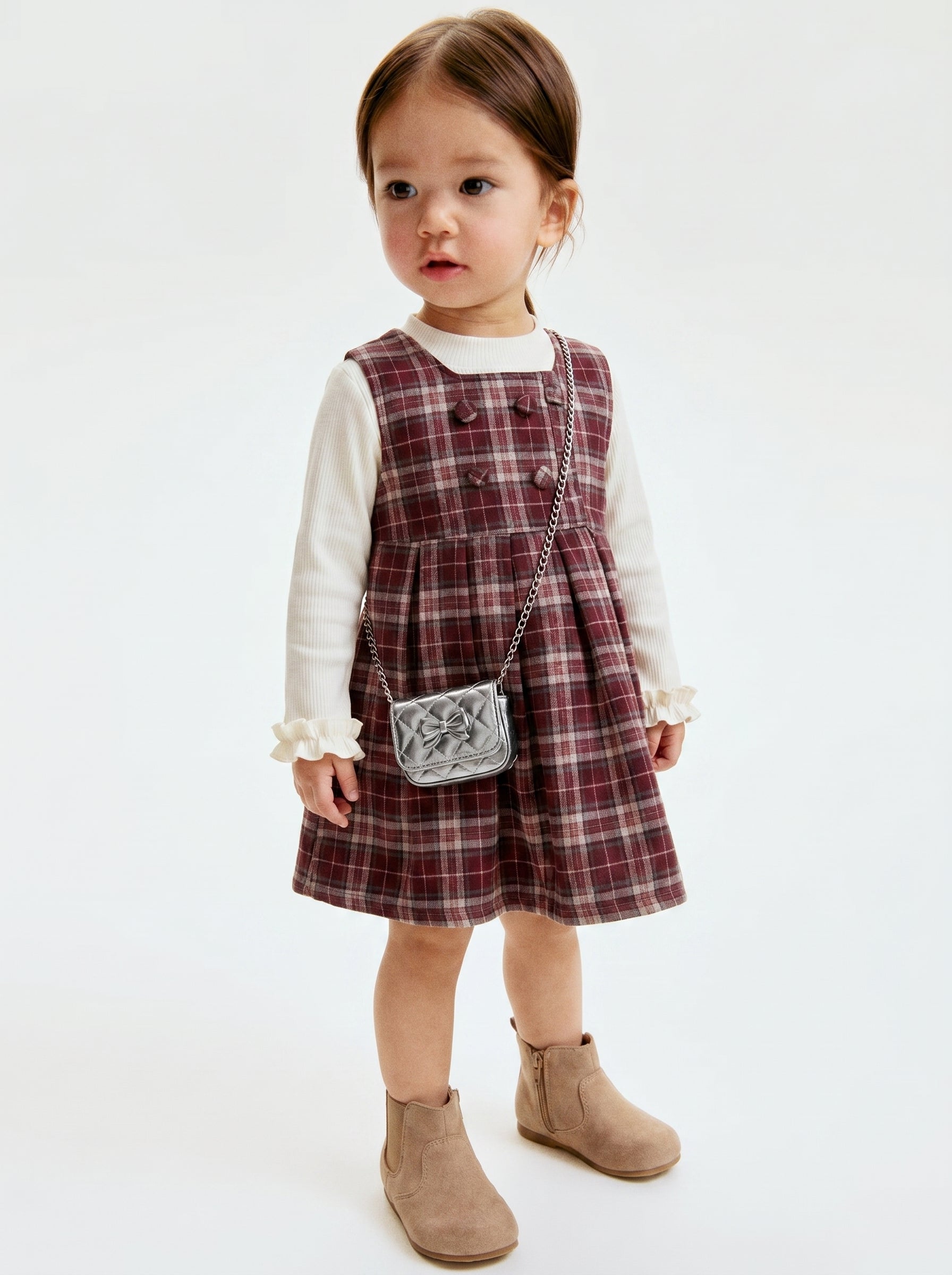 Burgundy Tartan Pinafore and Turtleneck and Chain Bag Girls Set | Ages 2-5