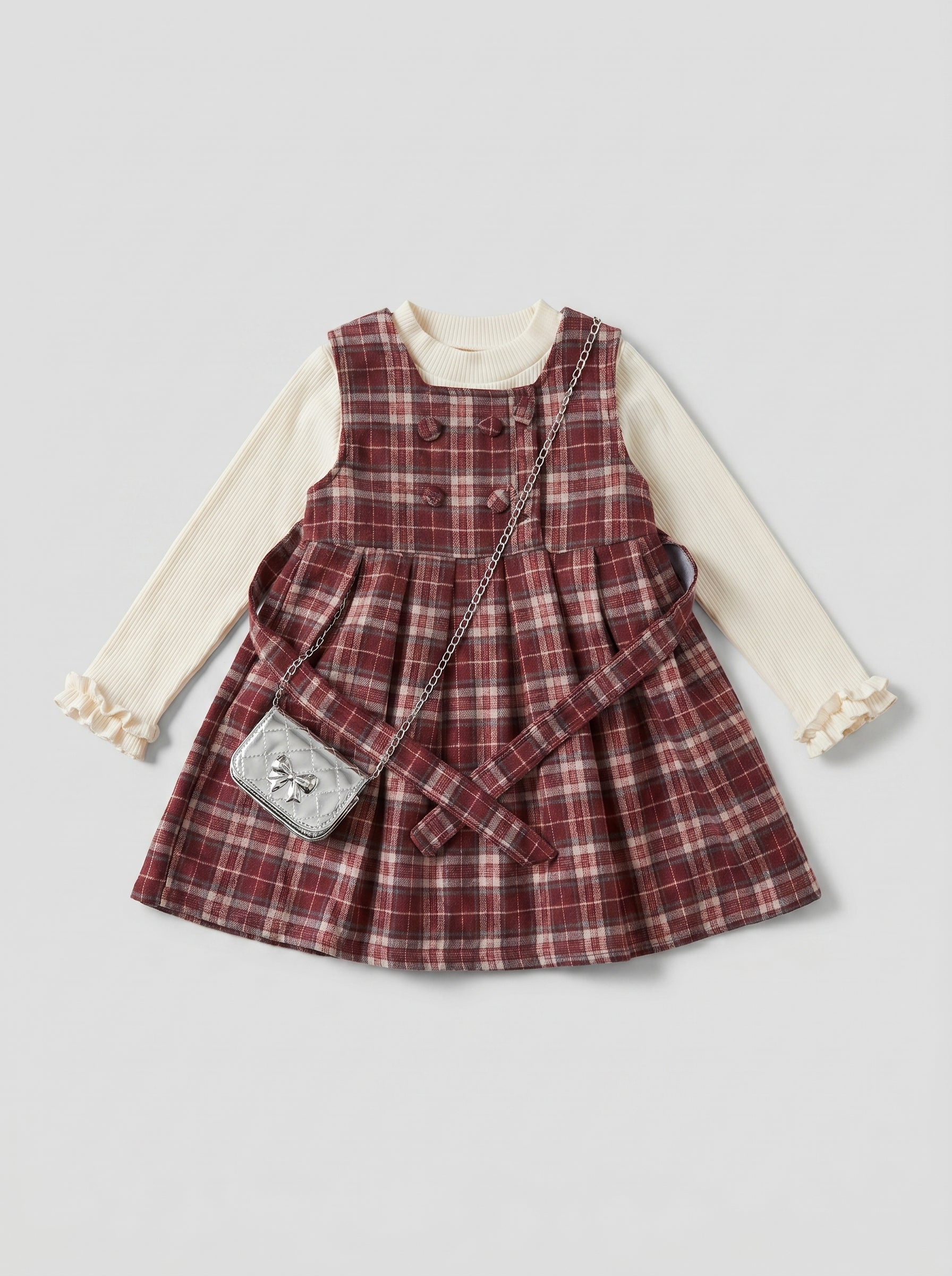 Burgundy Tartan Pinafore and Turtleneck and Chain Bag Girls Set | Ages 2-5
