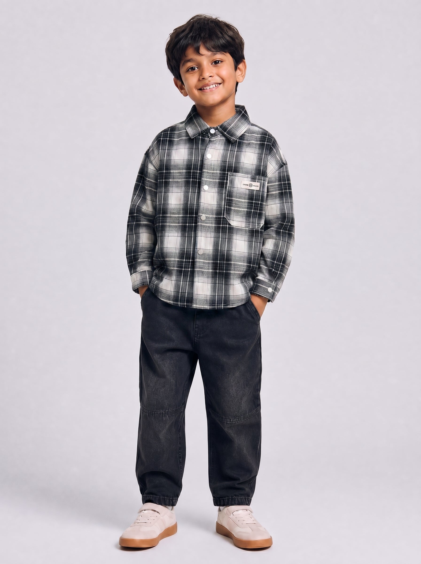 Black and Grey Plaid Flannel Shirt with Snap Buttons | Kids Ages 3-8