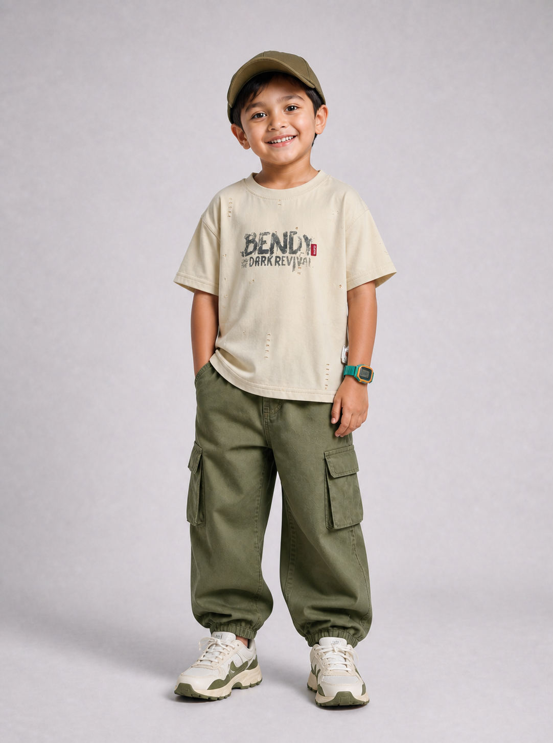 Boy wearing cream distressed graphic T-shirt with olive cargo pants