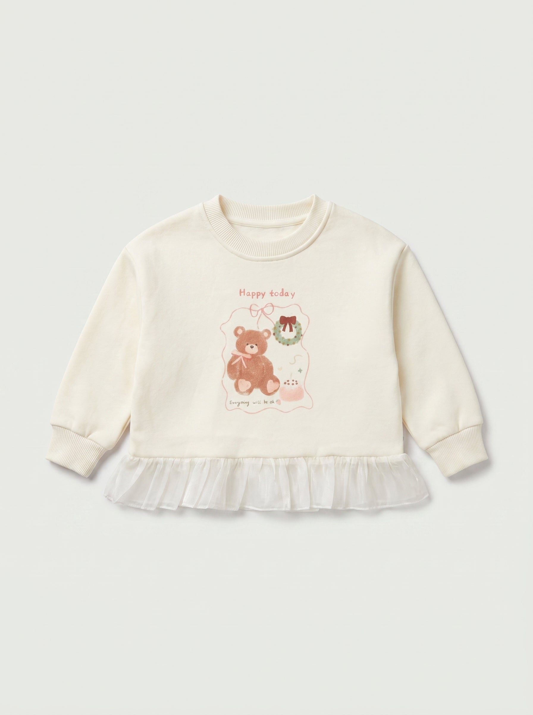 Cream Bear Graphic Sweatshirt with Tulle Ruffle Hem for Girls | Ages 2-6