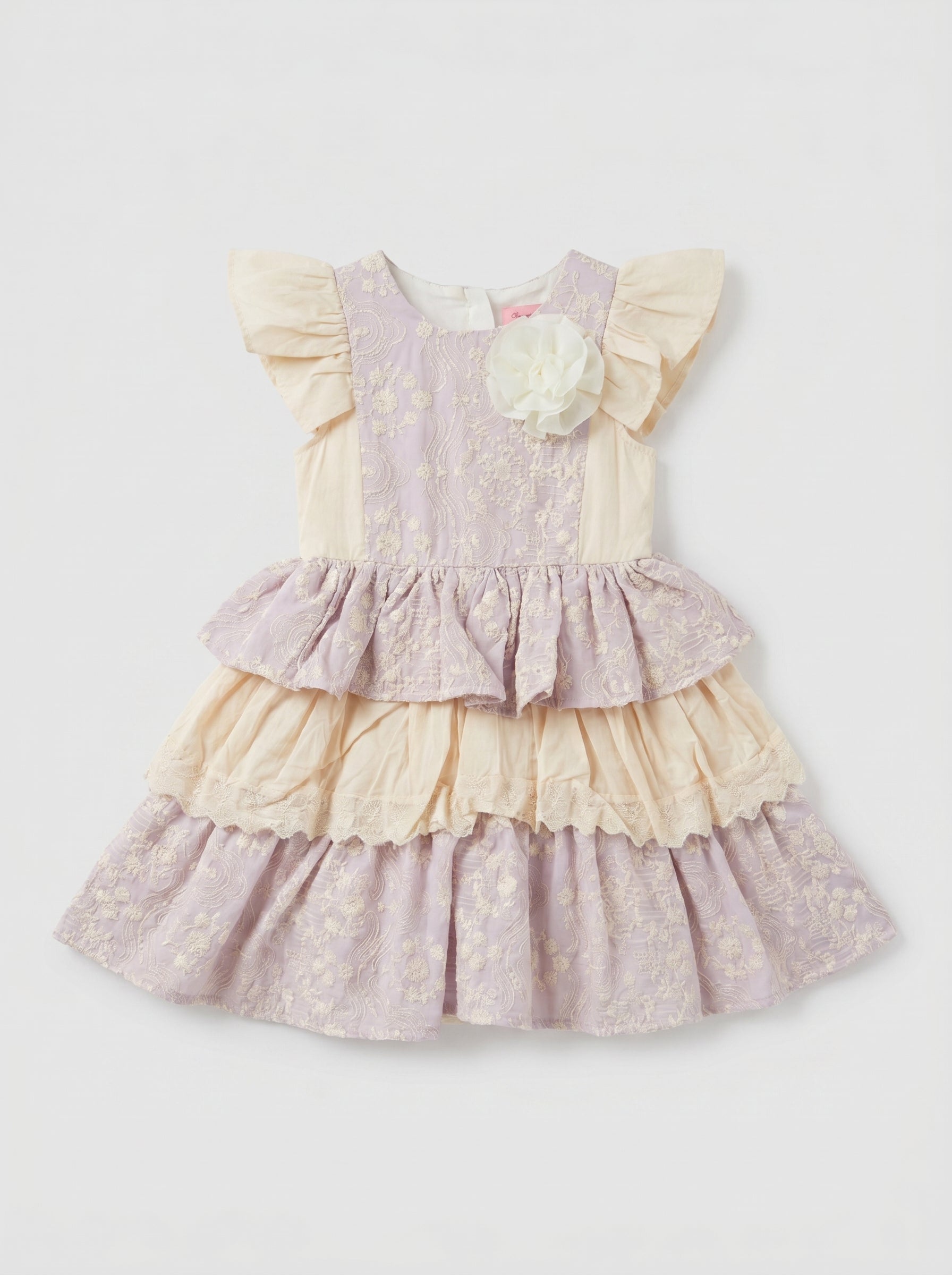 Lavender Lace Embroidered Frock with Puff Sleeves for Girls | Ages 3-6