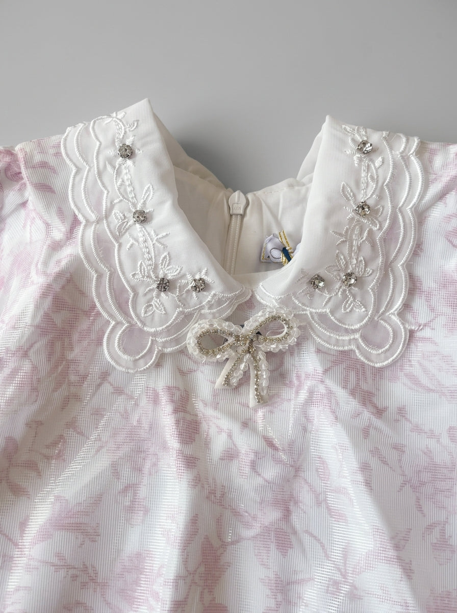 Pink Jacquard Frock with Lace Collar and Crystal Bow Brooch | Girls Ages 1-5