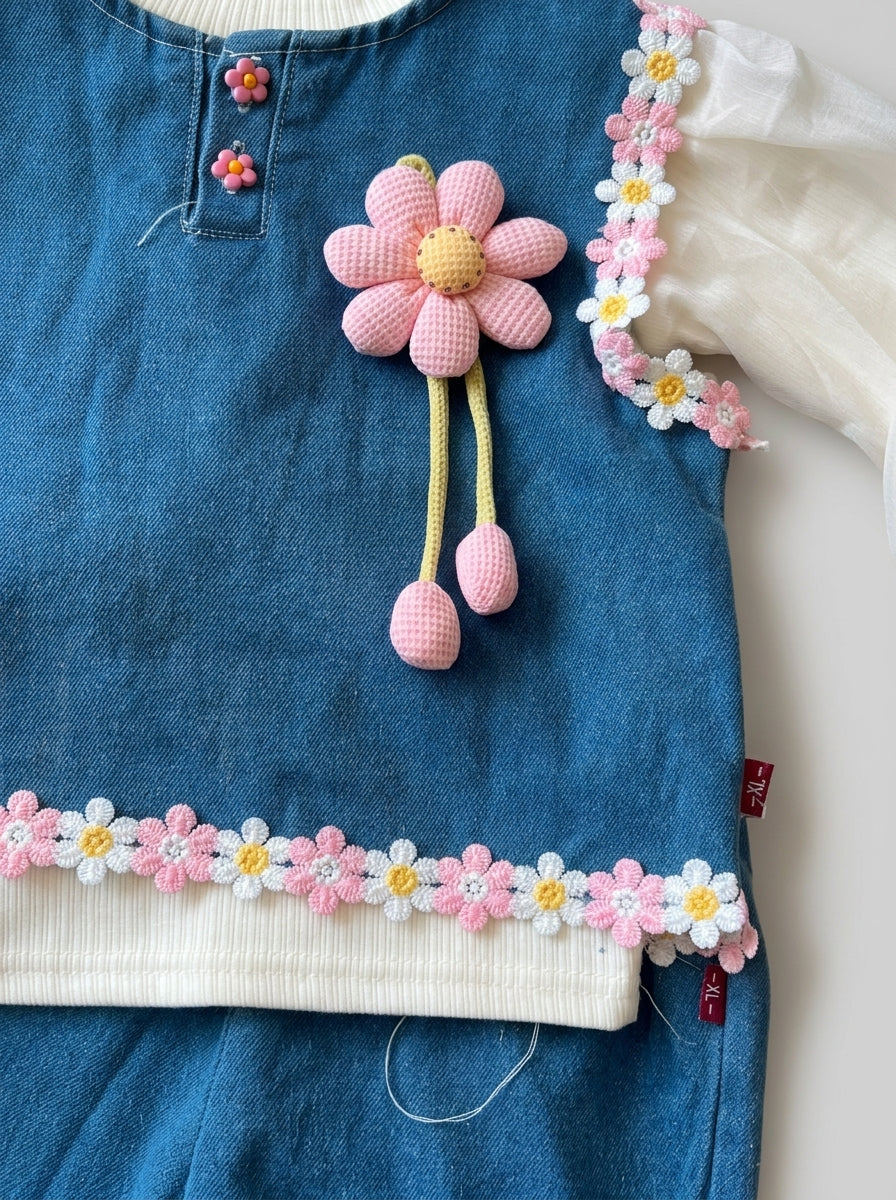 3-Piece Daisy Denim Set for Girls | Pink Flower Trim | Ages 4-5