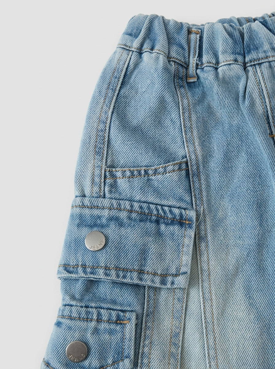Light Wash Wide-Leg Denim Cargo Pants for Kids | Ages 1-4