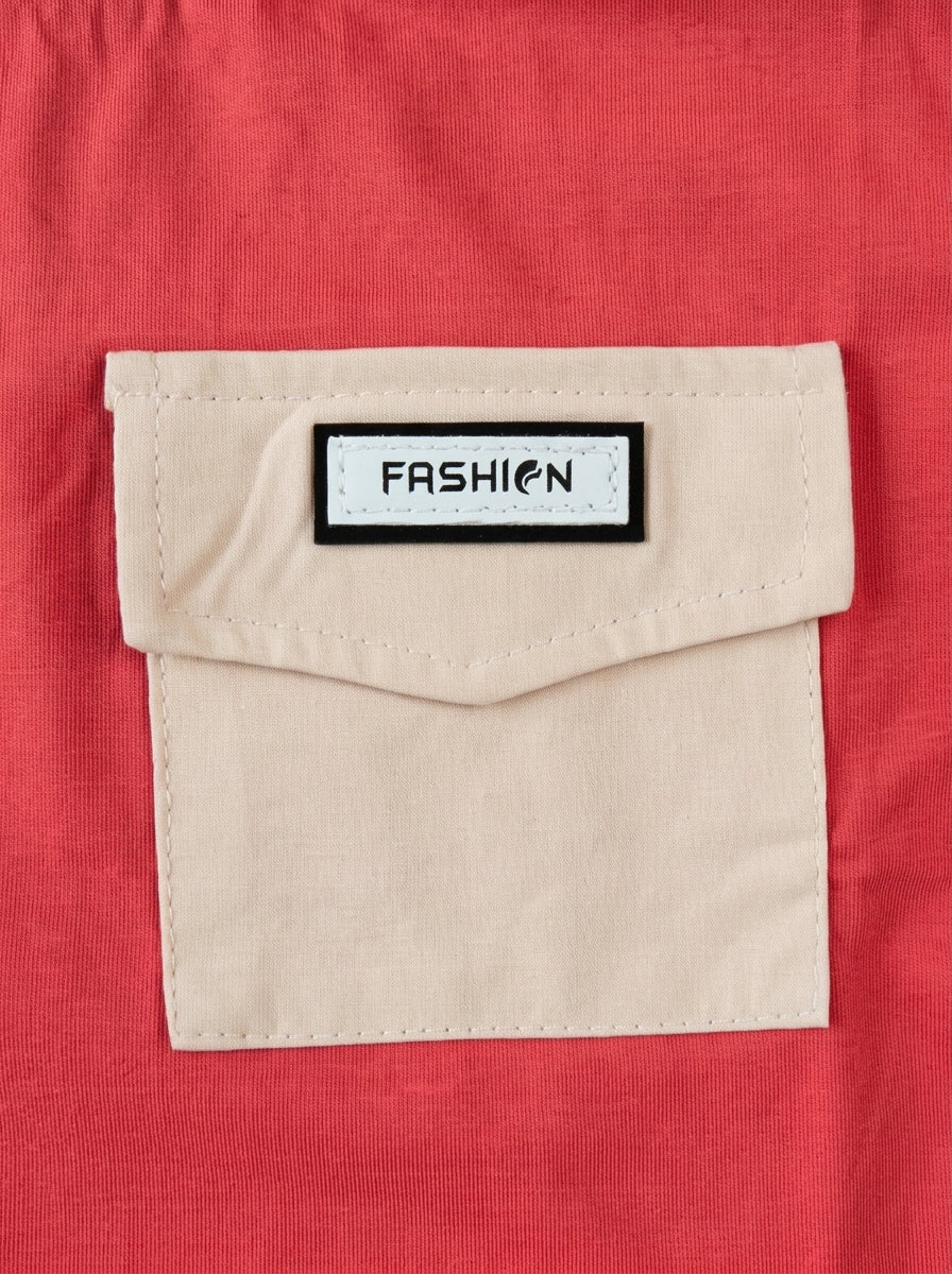 Coral Red Tee with Contrast Cream Pocket for Kids | Ages 2-6