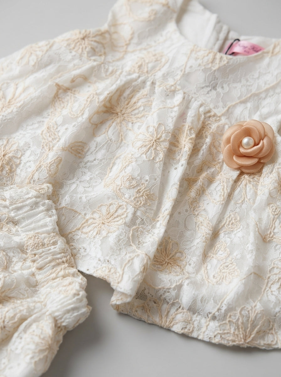 Cream Lace Embroidered Top and Bloomer Set with Rose Corsage, Girls Ages 3-7, back view, aataa kidd