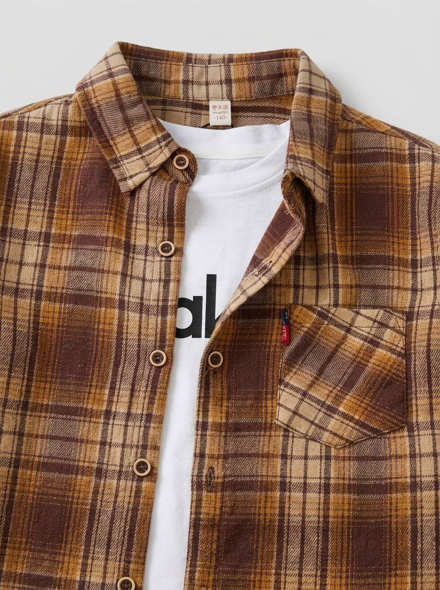 Brown Tartan Flannel Long Sleeve Shirt for Kids | Ages 3-8