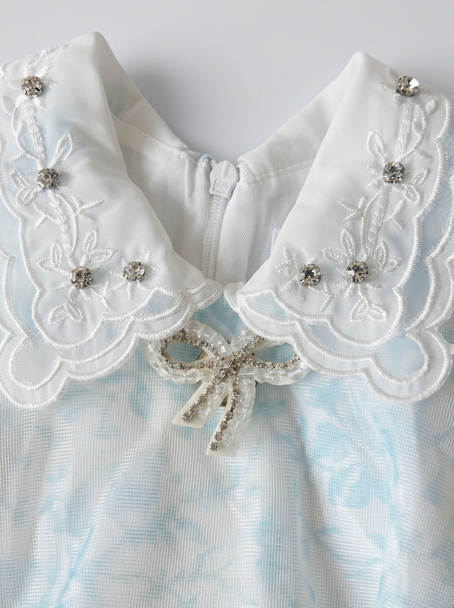 Blue Jacquard Frock with Lace Collar and Crystal Bow Brooch | Girls Ages 1-5