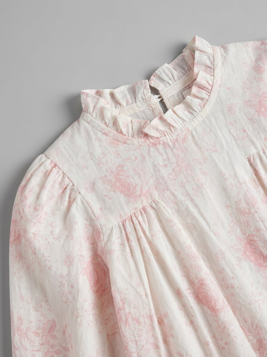 Pink Vintage Rose Toile Frock with Ruffle Collar | Girls Casual Dress