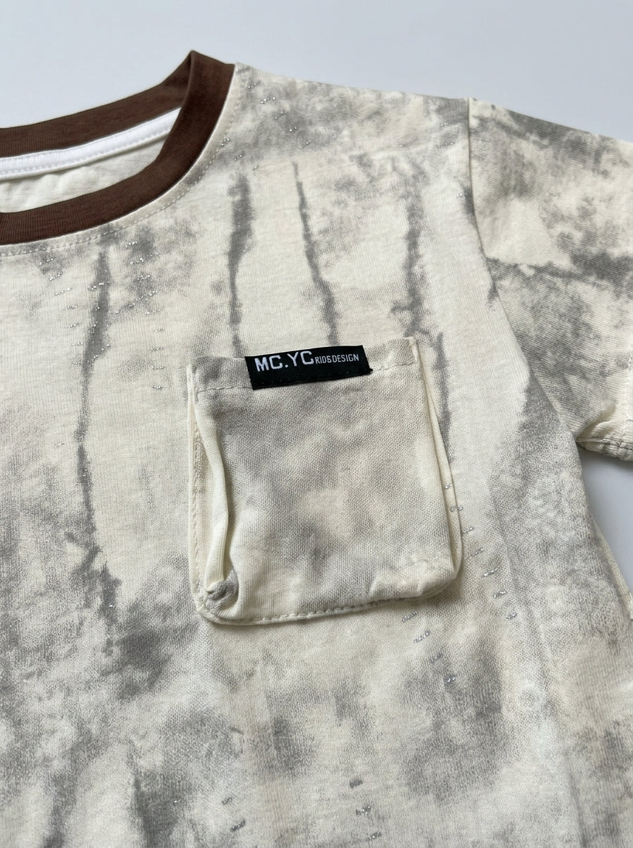 White Marble Tie-Dye Tee with MC.YC Brand Pocket | Kids Casual Top