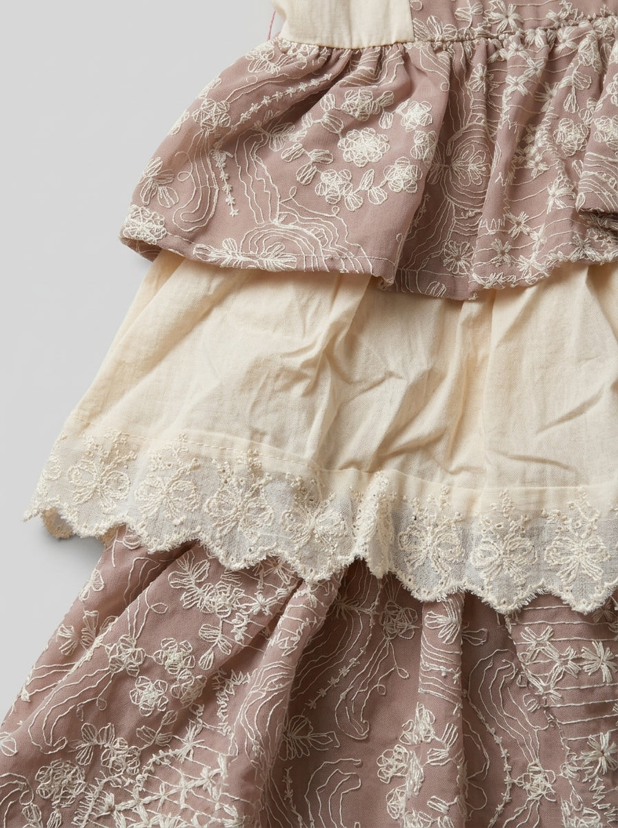 Dusty Mauve Embroidered Lace Frock with Puff Sleeves for Girls | Ages 3-6