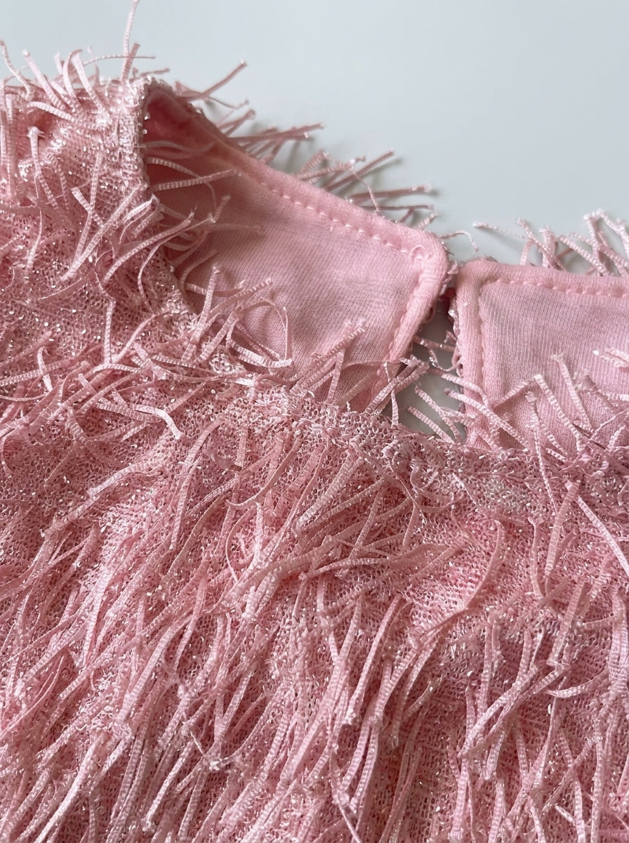 Baby Pink Feather-Fringe Sleeveless Mini Dress for Girls | Party Dress