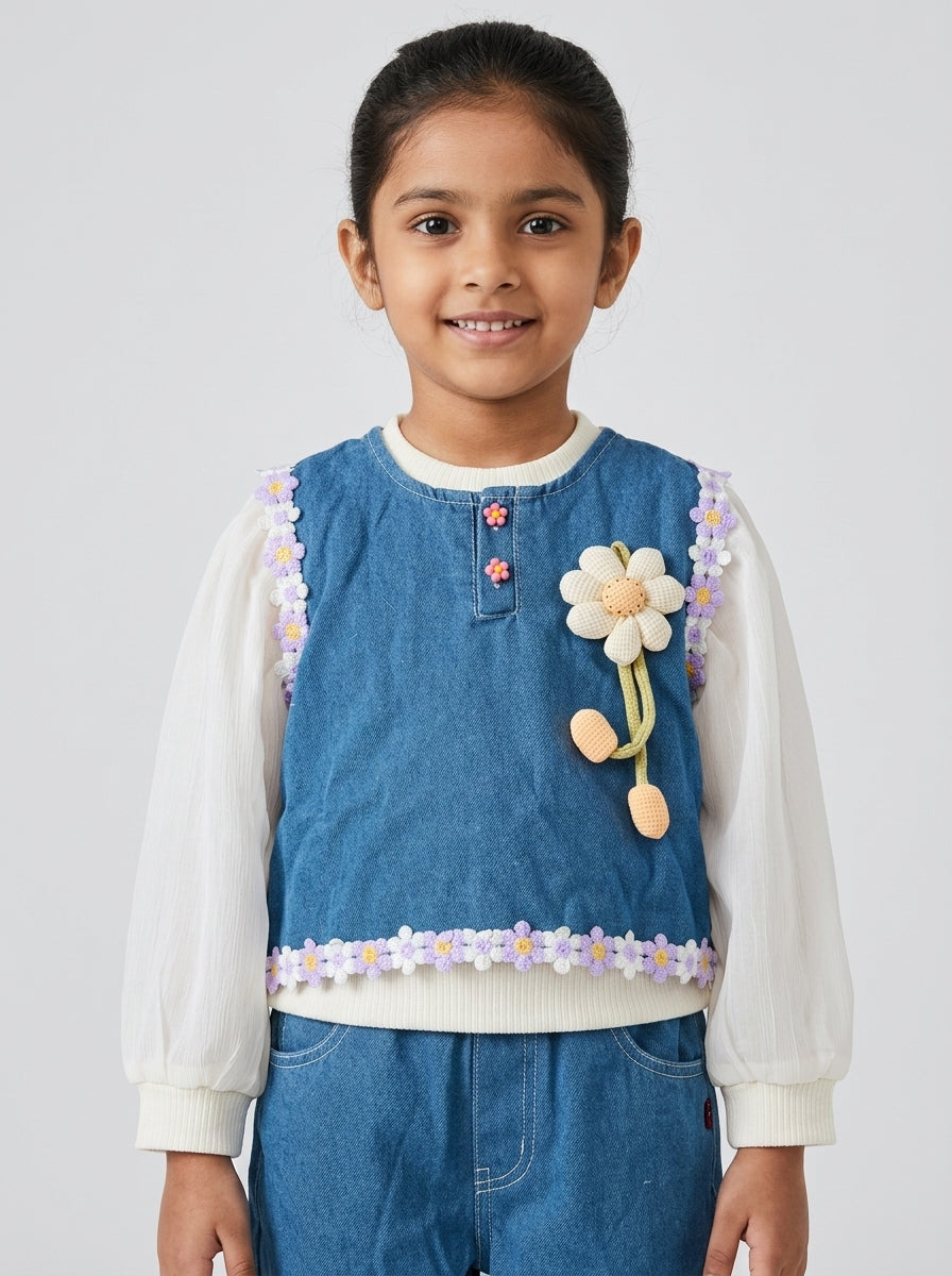 3-Piece Daisy Denim Set for Girls | Purple Flower Trim | Ages 2-5