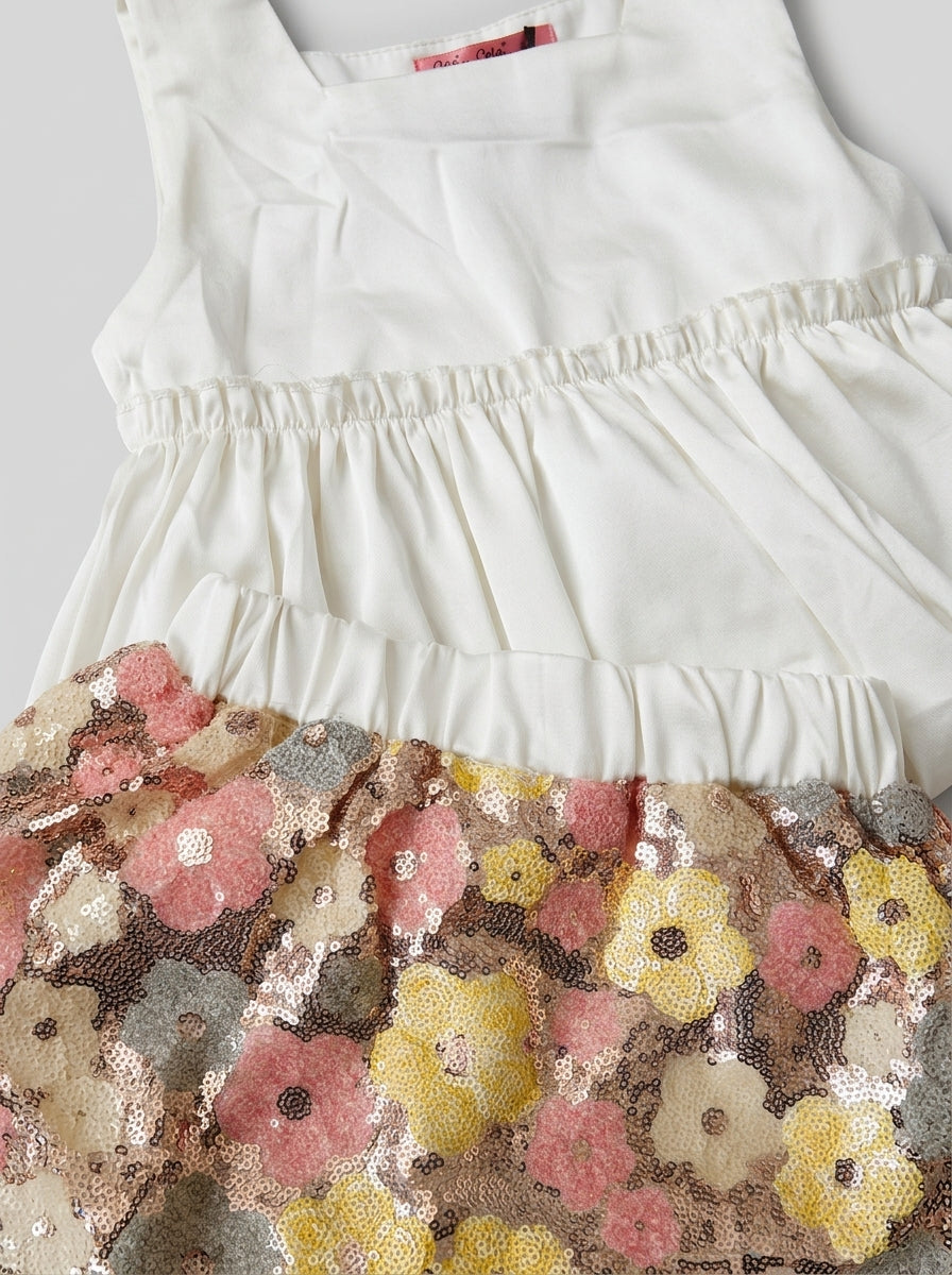 White Peplum Top and Sequin Floral Shorts Set for Girls | Ages 3-8