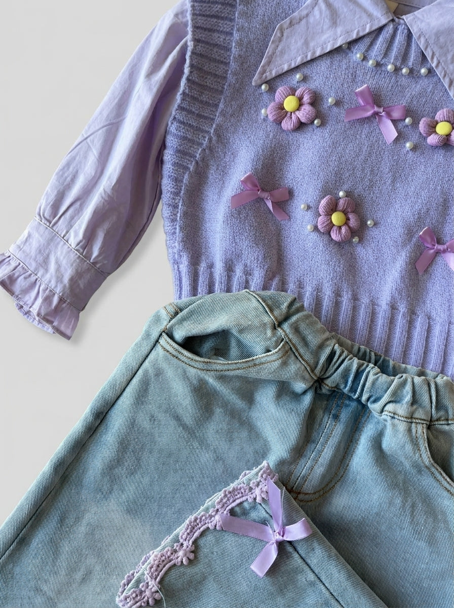 Lilac Shirt and Grey Knit Vest and Denim Jeans 3-Piece Girls Set | Ages 2-6
