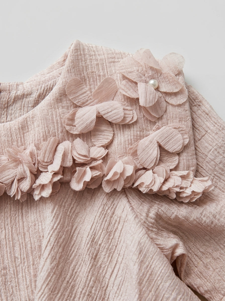 Blush Pink Shimmer Dress with 3D Flower Appliques for Girls, Ages 2-3, back view, aataa kidd