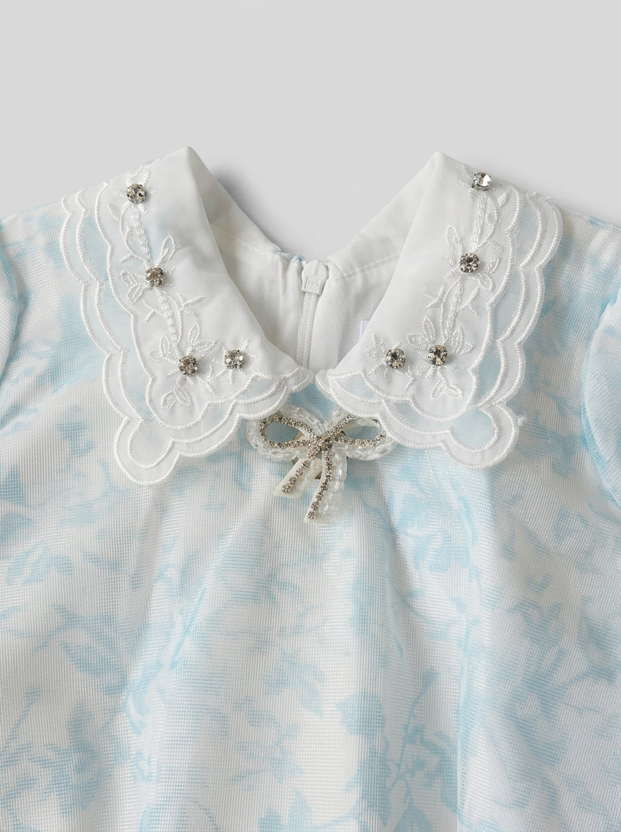 Blue Jacquard Frock with Lace Collar and Crystal Bow Brooch, Girls Ages 1-5, back view, aataa kidd