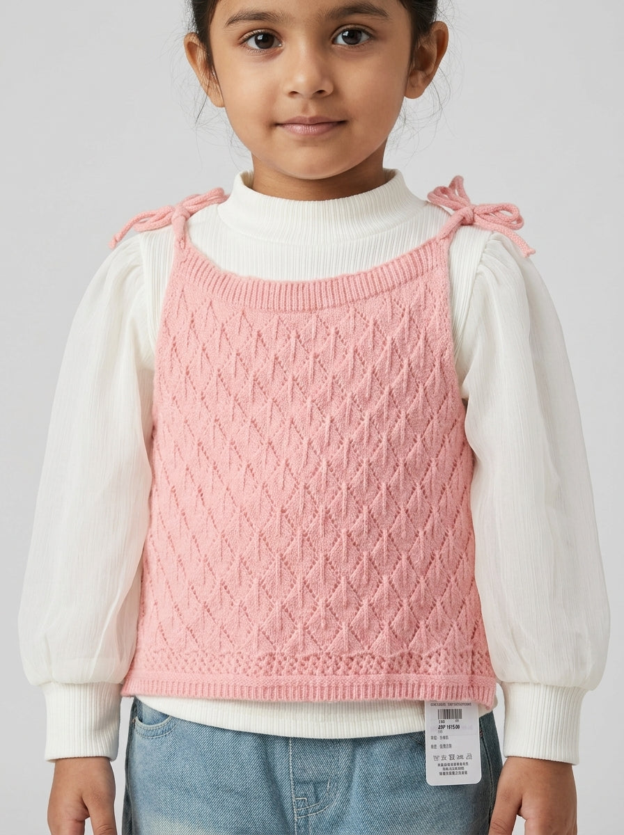 3-Piece Knit Vest Set for Girls | Pink Bow and Denim | Ages 2-6
