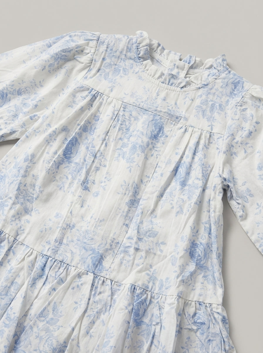 Blue Vintage Rose Toile Frock with Ruffle Collar | Girls Casual Dress
