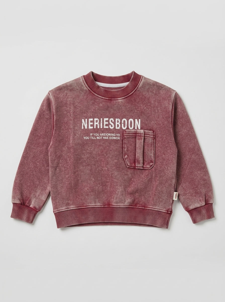 Burgundy Acid-Wash Graphic Sweatshirt for Kids, Vintage Print, Ages 2-5, lifestyle view, aataa kidd