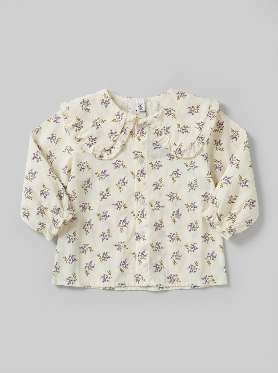 Cream Floral Blouse with Ruffle Collar and Puff Sleeves for Girls | Ages 2-6