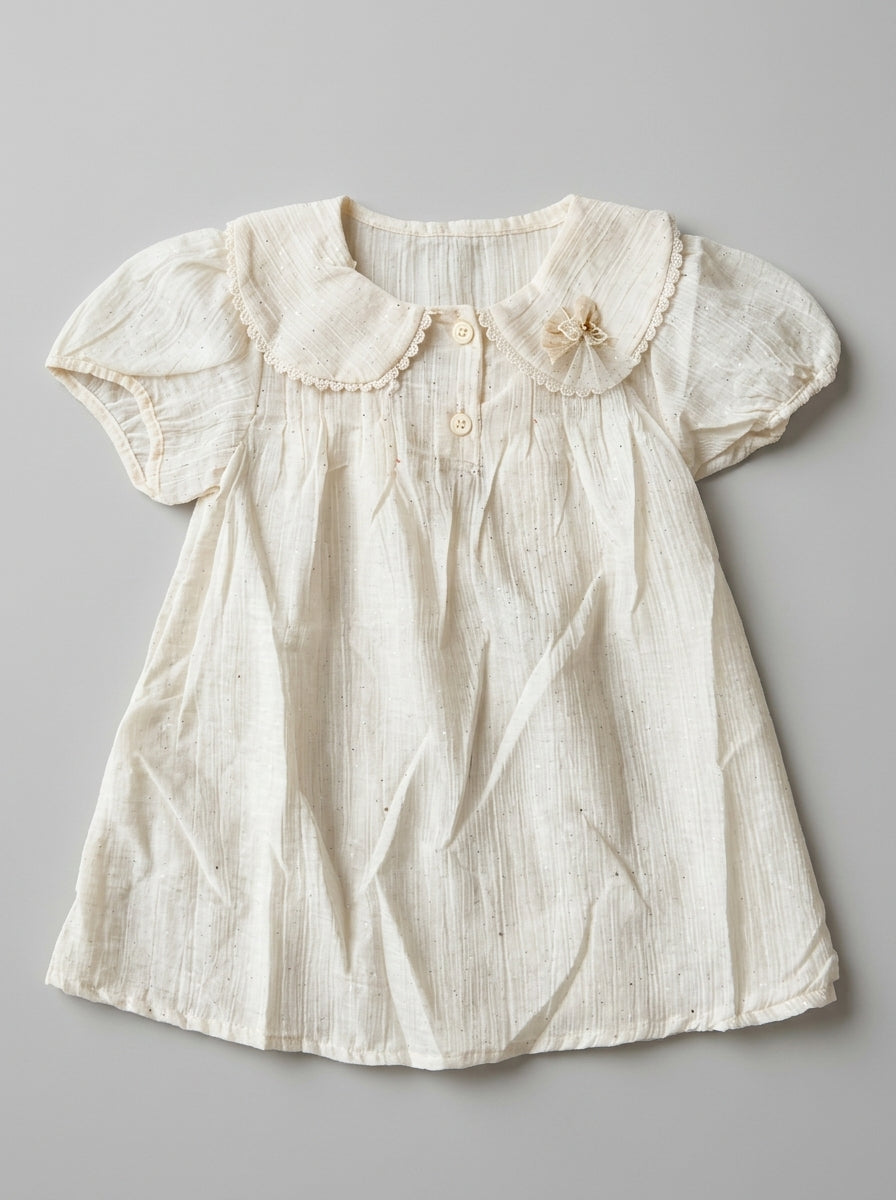 Off-White Glitter-Dot Frock with Lace Ruffle Cuffs | Girls Casual Party Dress