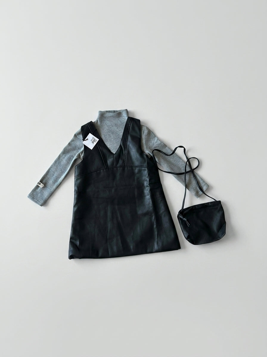 Black Faux Leather Pinafore and Grey Turtleneck Set for Girls | Ages 2-6
