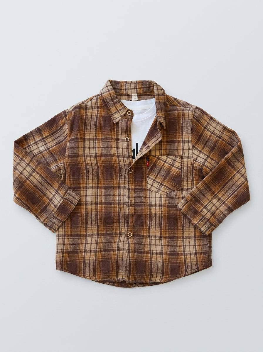 Brown Tartan Flannel Long Sleeve Shirt for Kids | Ages 3-8