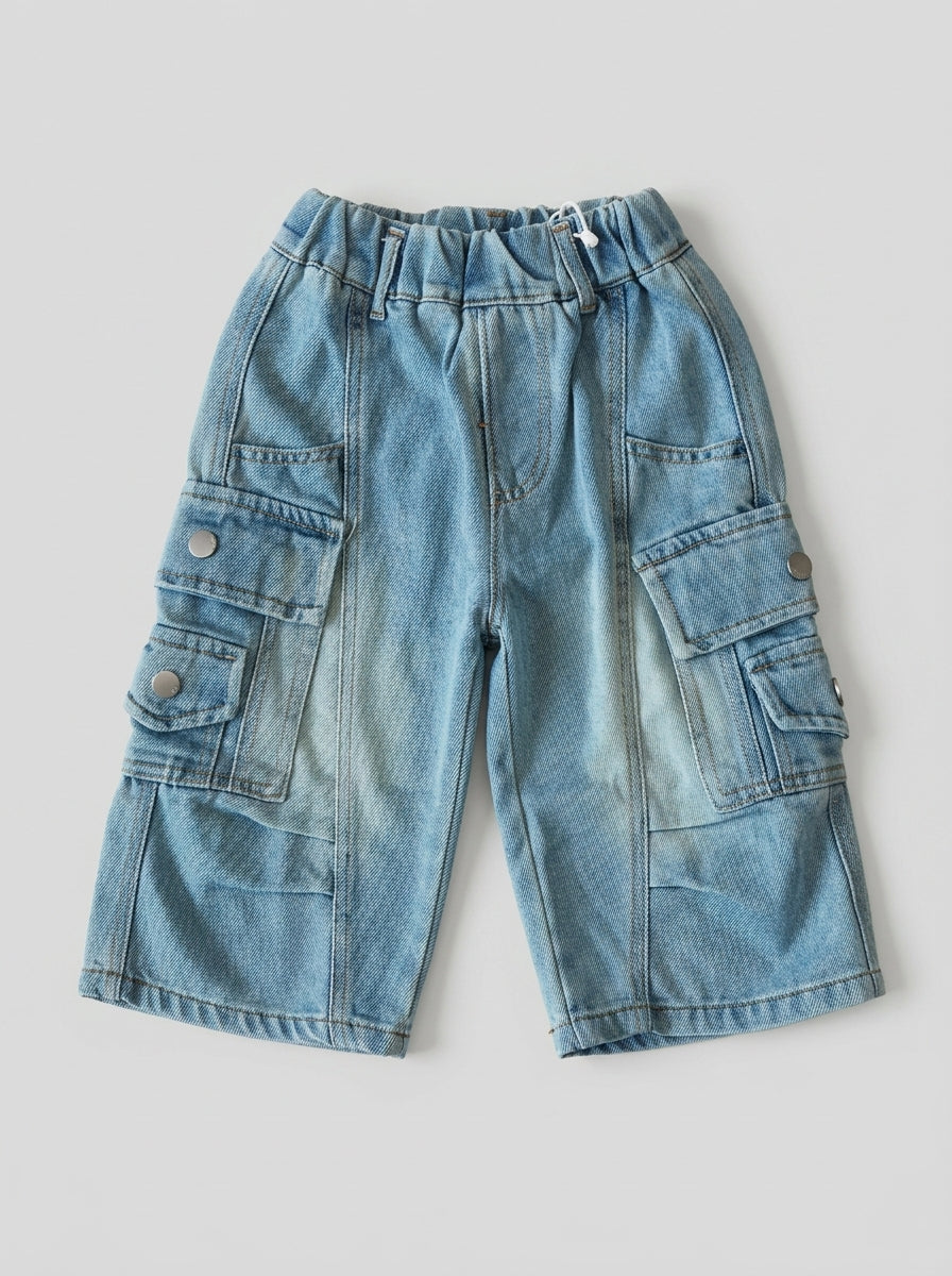 Light Wash Wide-Leg Denim Cargo Pants for Kids | Ages 1-4