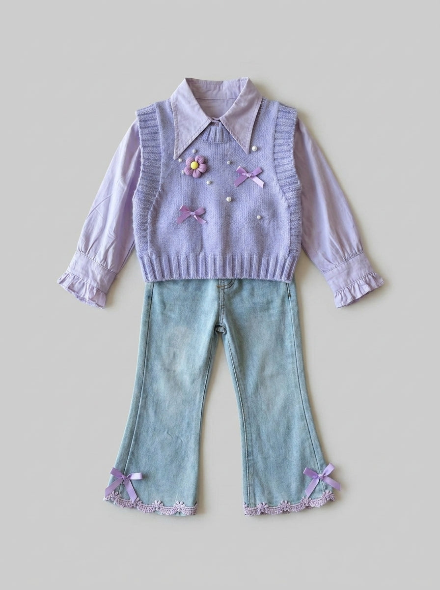 Lilac Shirt and Grey Knit Vest and Denim Jeans 3-Piece Girls Set | Ages 2-6