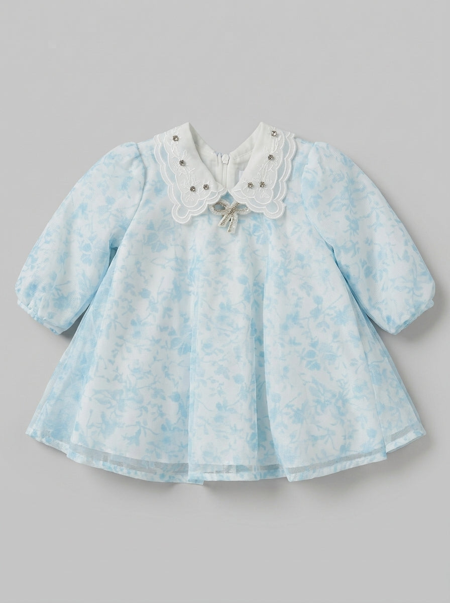 Blue Jacquard Frock with Lace Collar and Crystal Bow Brooch | Girls Ages 1-5