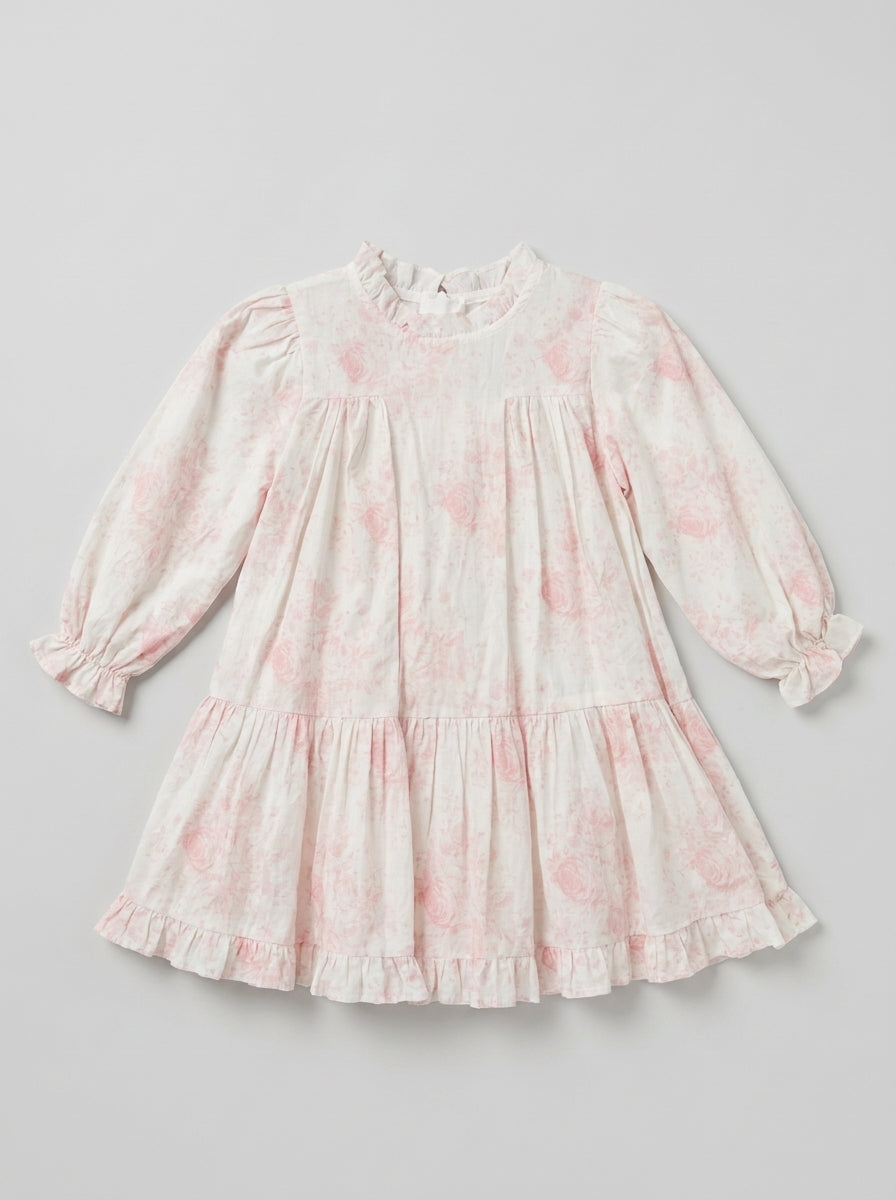 Pink Vintage Rose Toile Frock with Ruffle Collar | Girls Casual Dress