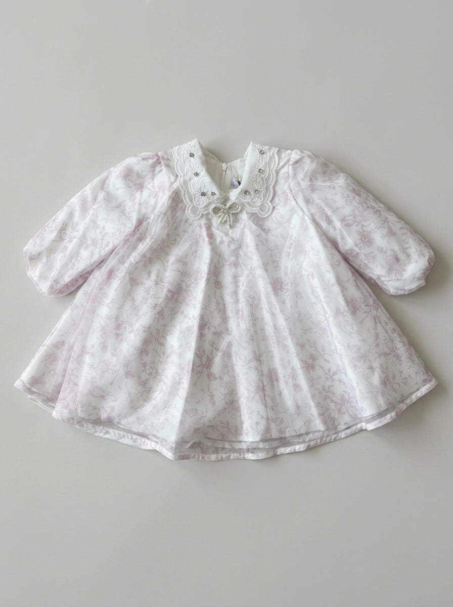 Pink Jacquard Frock with Lace Collar and Crystal Bow Brooch | Girls Ages 1-5