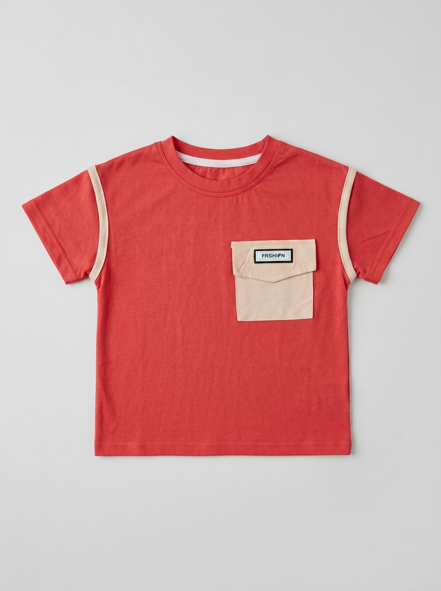 Coral Red Tee with Contrast Cream Pocket for Kids | Ages 2-6