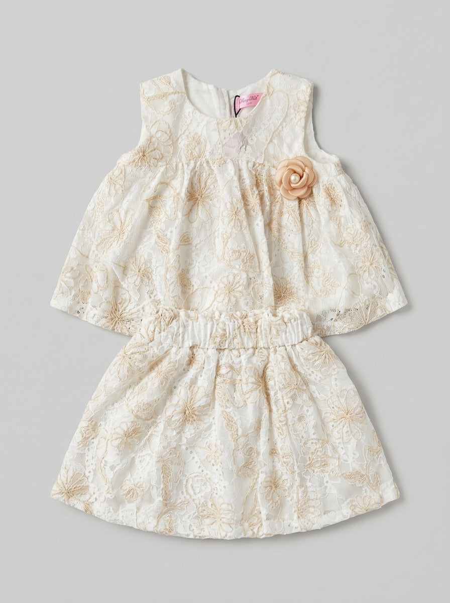 Cream Lace Embroidered Top and Bloomer Set with Rose Corsage | Girls Ages 3-7