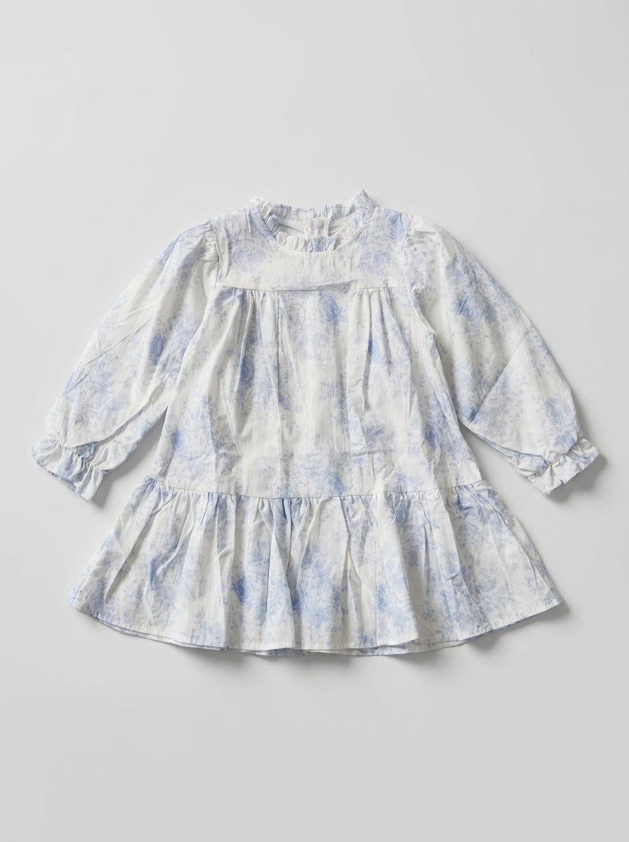 Blue Vintage Rose Toile Frock with Ruffle Collar | Girls Casual Dress