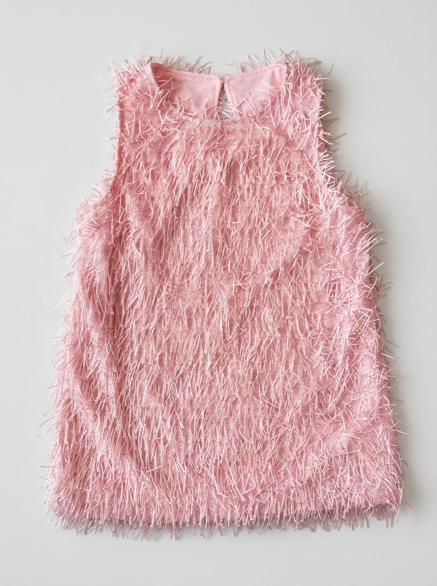 Baby Pink Feather-Fringe Sleeveless Mini Dress for Girls | Party Dress