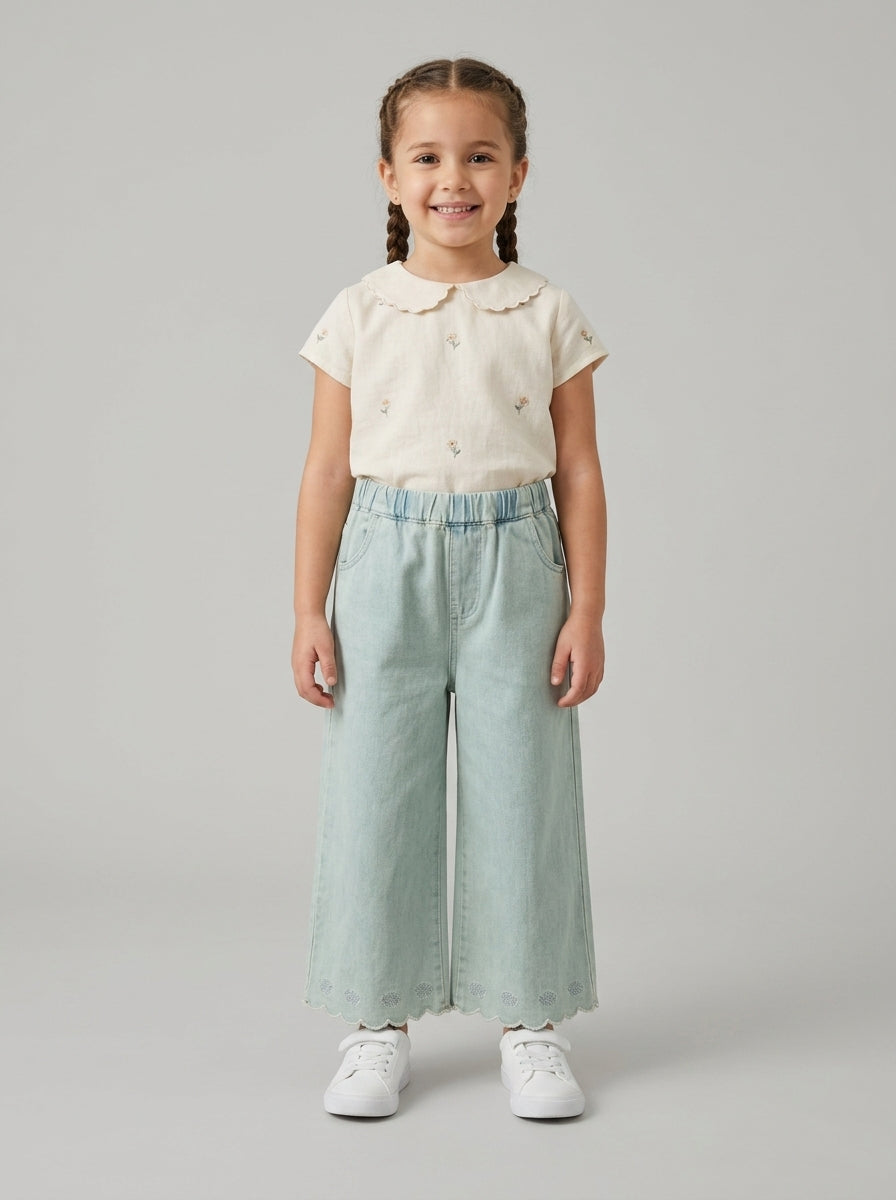 Wide-Leg Denim Pants for Girls | Floral Embroidery Hem | Ages 3-8